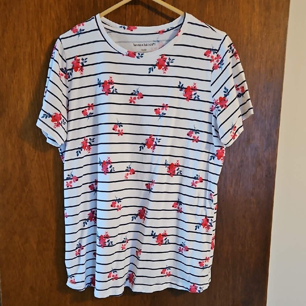 Striped Floral T-Shirt, Woman Within, Sz L 18/20